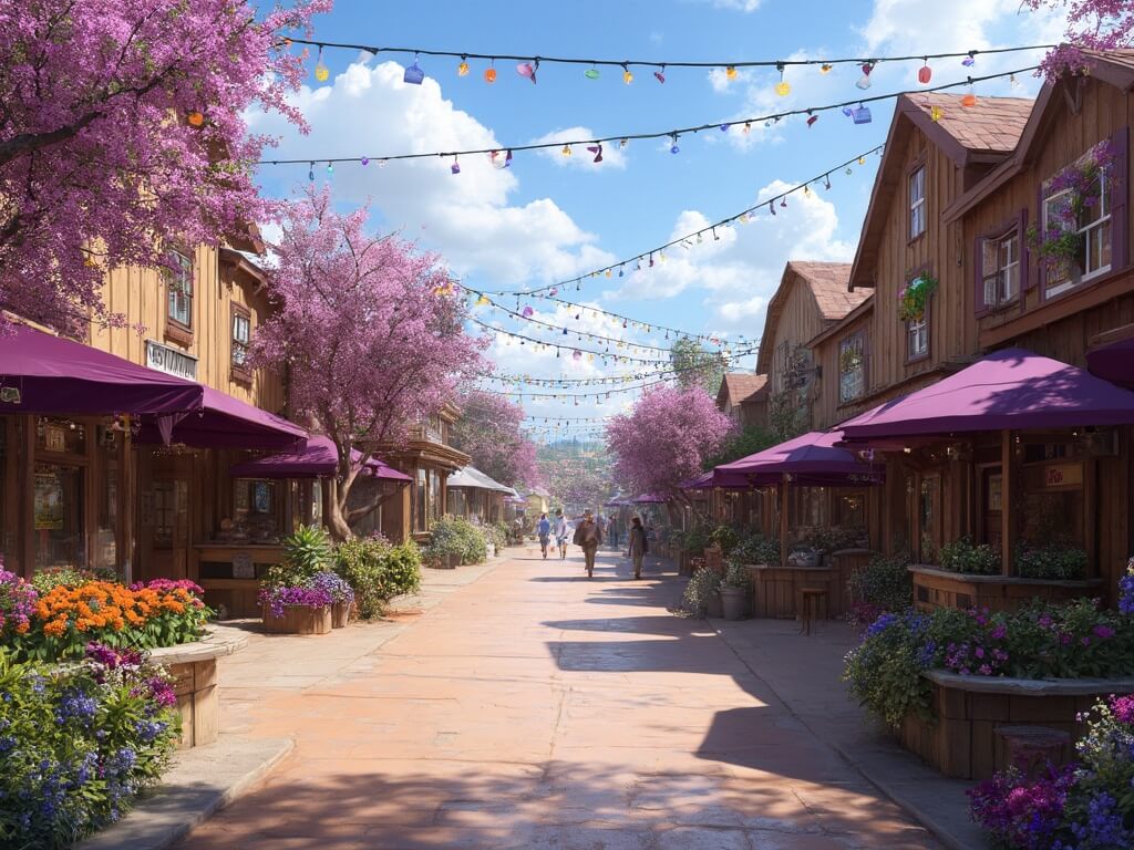 Daytime festival at Knott's Berry Farm featuring boysenberry-themed decorations, food stalls, craft vendors, rustic farm buildings, hanging string lights, and blooming spring flowers