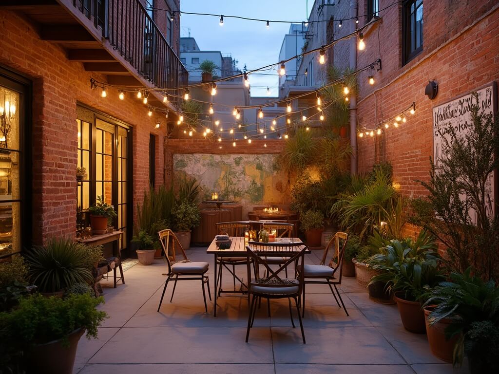 Cozy outdoor courtyard in LA's Arts District at dusk, adorned with string lights, potted succulents, and industrial-style furniture, set against a backdrop of artistic murals on converted warehouses.