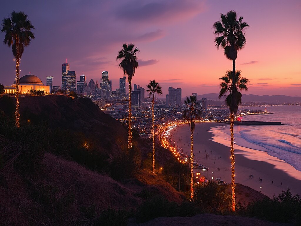 "Twilight view of Los Angeles cityscape with Christmas-lit palm trees, snow-tipped San Gabriel Mountains, the Griffith Observatory and holiday adorned urban landscape with surfers in Santa hats on a nearby beach."