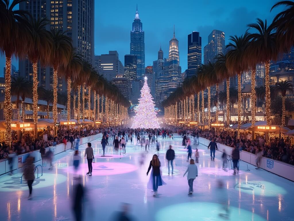 Dusk scene of LA Live outdoor ice skating rink flanked by glowing skyscrapers, palm trees, and twinkling Christmas lights against a deep blue sky.