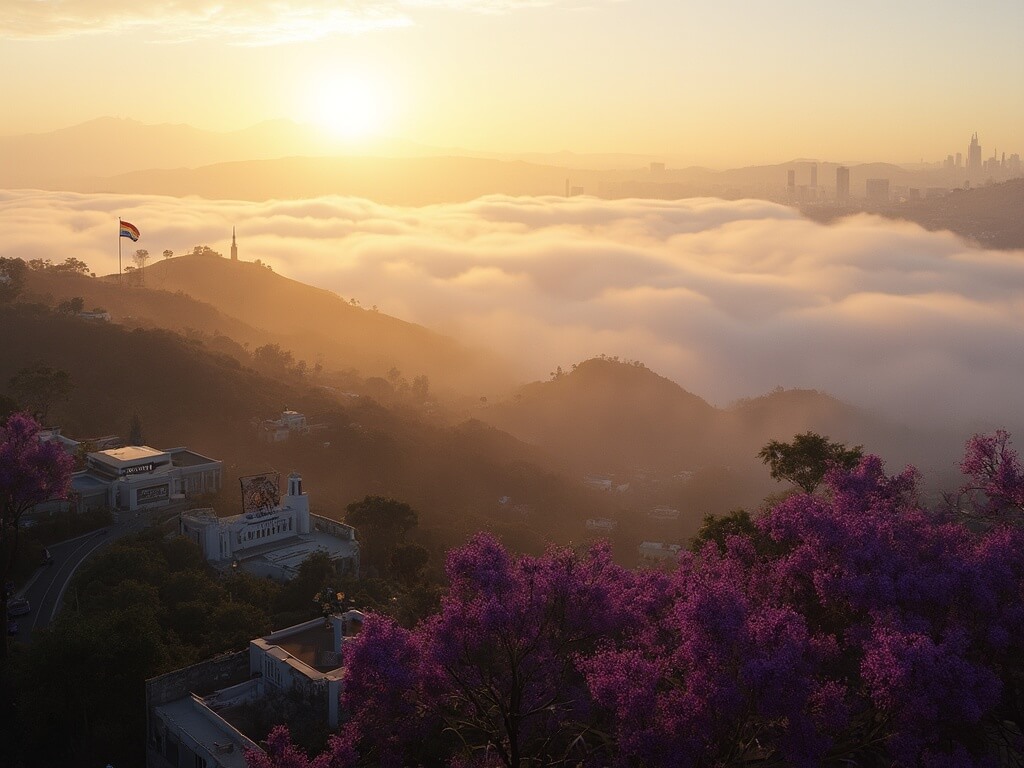 "Panoramic aerial view of Los Angeles at dawn featuring Hollywood Hills, downtown skyline, Griffith Observatory and Getty Center amidst June Gloom fog, with Pride flag in foreground and vibrant jacaranda trees below"