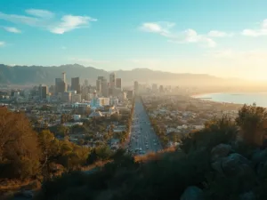 "Aerial view of Los Angeles in September at golden hour, featuring Downtown LA, San Gabriel Mountains, Getty Center, Griffith Observatory, Santa Monica beach, palm-lined Sunset Boulevard, Runyon Canyon hikers, and a local farmers market, all under clear blue skies."