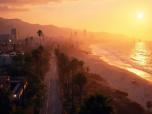 "Panoramic aerial view of Los Angeles during golden hour, featuring palm trees, Hollywood Sign, downtown skyline, Venice Beach boardwalk and Santa Monica Pier, Griffith Observatory and Pacific Ocean coastline in vibrant summer colors."