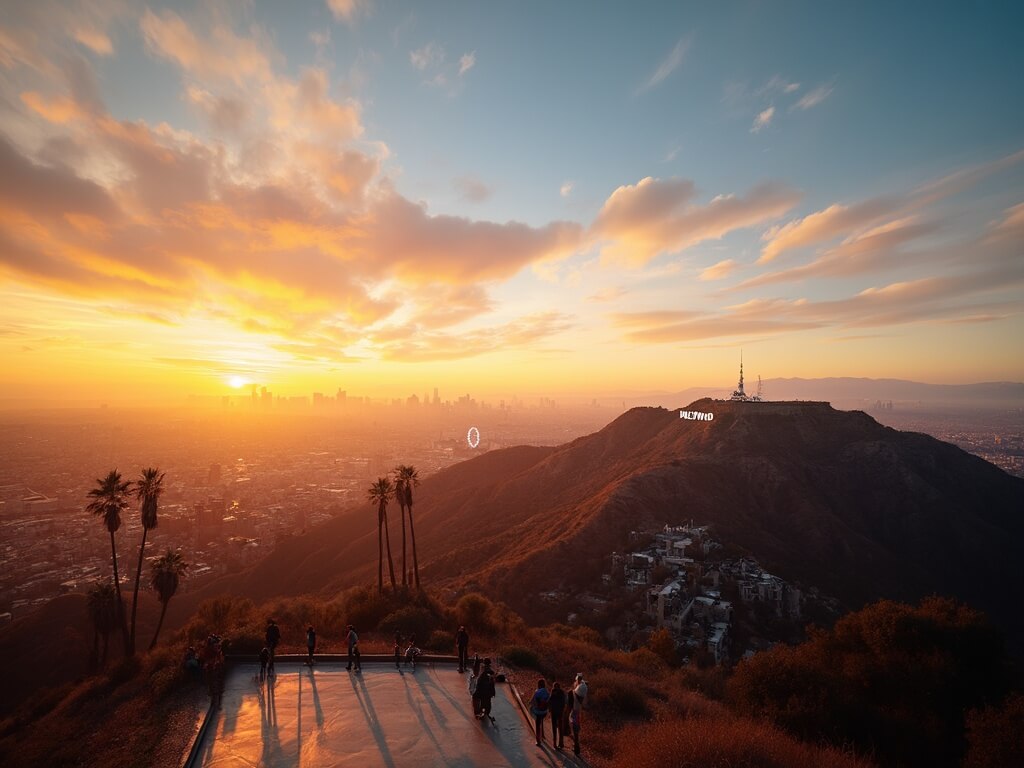 "Los Angeles city skyline at sunset from Griffith Observatory viewpoint with clear Hollywood Sign, palm trees, locals and Santa Monica Pier in the distance"