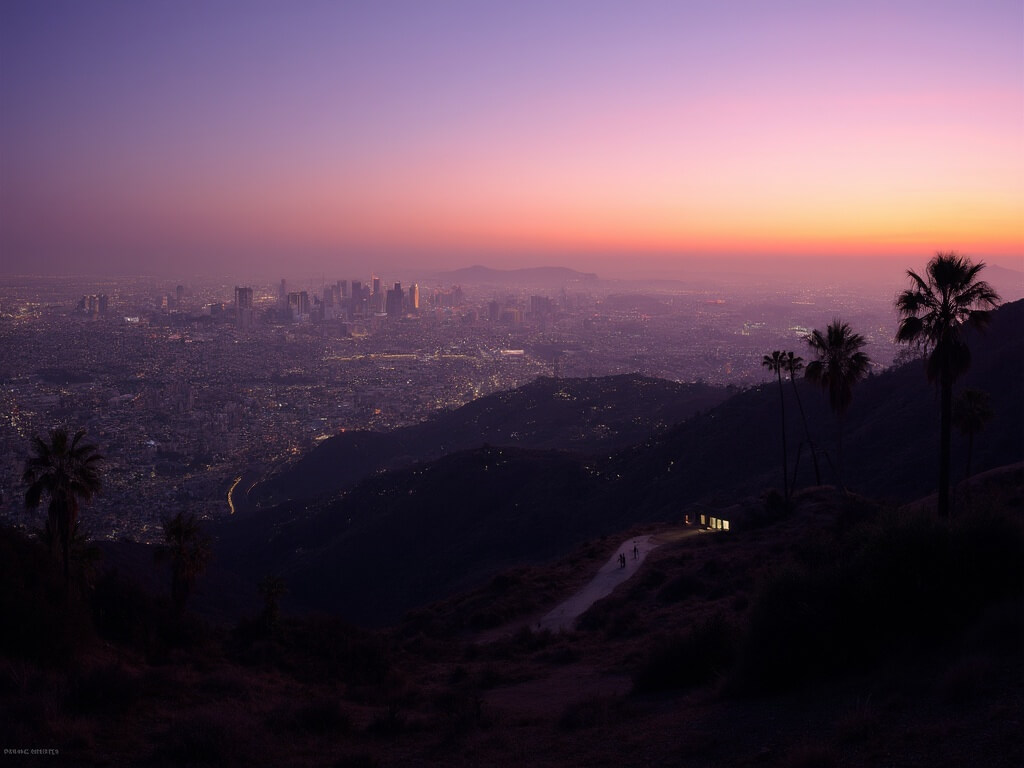 Twilight view of downtown Los Angeles from Griffith Observatory Trail with silhouetted palm trees, winding trails, Hollywood sign in the distance, and a purple-orange sky