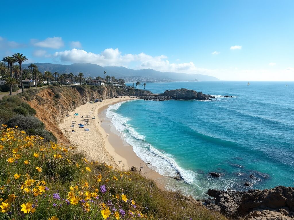 "Aerial view of San Diego's coastline featuring La Jolla Cove, Torrey Pines cliffs, vibrant wildflowers, and sailboats on a sunny Spring morning."