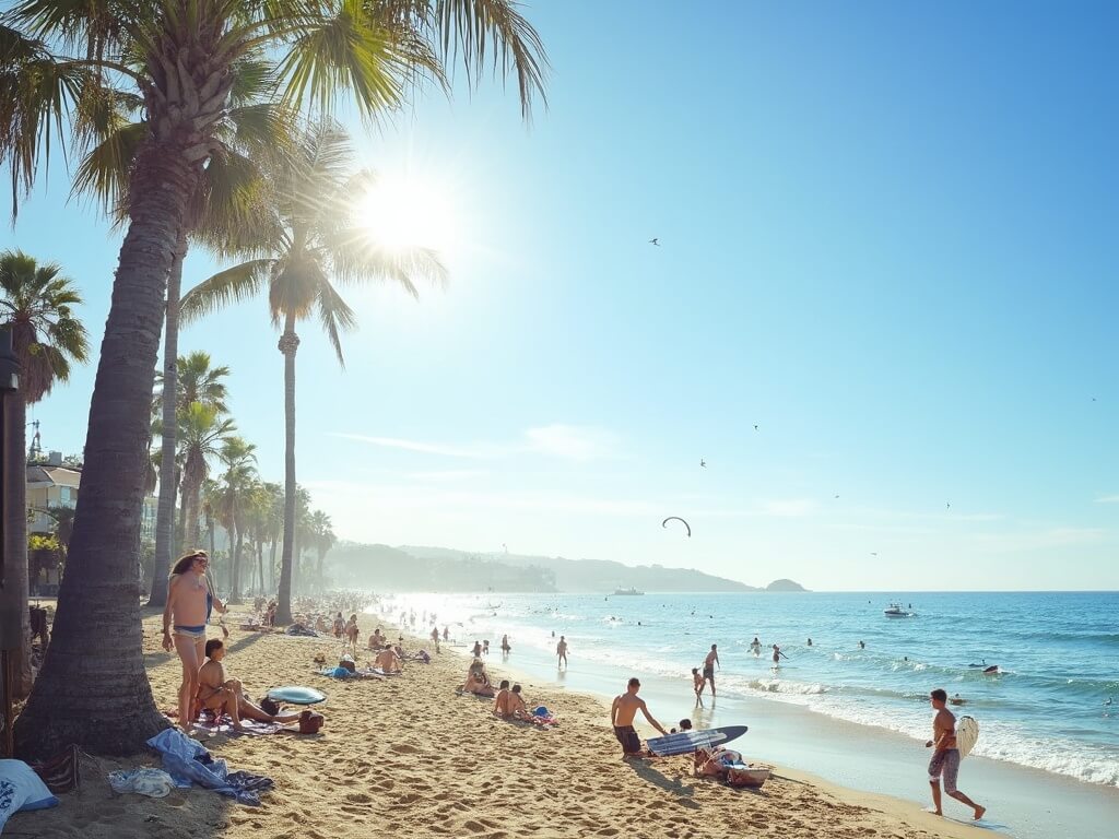 Beachgoers enjoying a sunny afternoon at La Jolla Shores with surfers and swimmers in the ocean under clear blue November skies, palm trees swaying in the breeze.