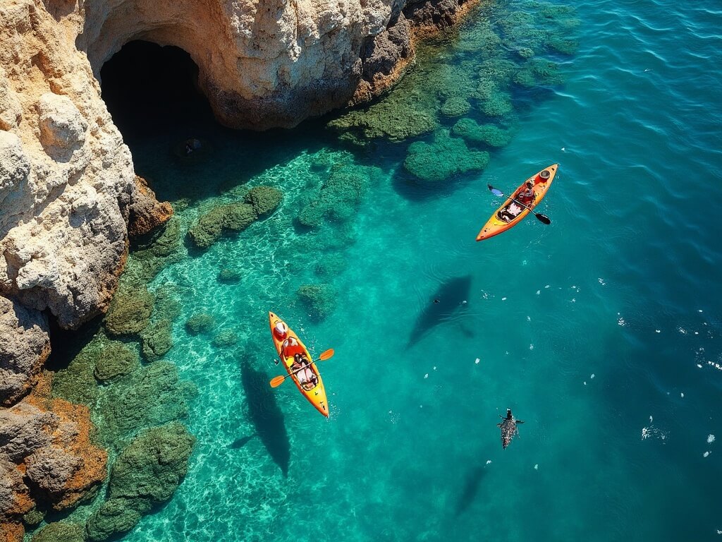 Aerial view of La Jolla Cove with kayaks exploring sea caves, leopard sharks swimming, turquoise waters and rocky coastal formations