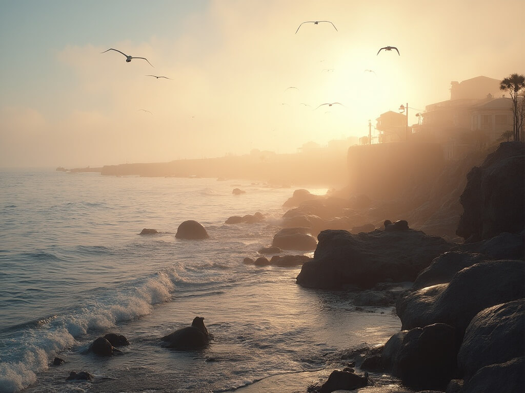 Early morning at La Jolla Cove with gentle waves, golden sunrise, seals on rocks, and seabirds, in an ultra-realistic style with soft winter light.