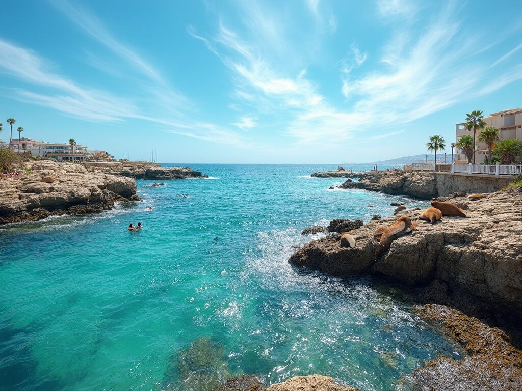 Sea lions basking and swimmers enjoying blue waters at La Jolla Cove under an azure sky on a sunny July afternoon