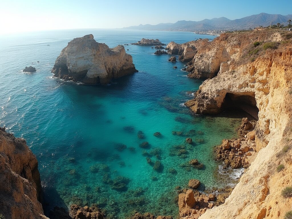 Panoramic view of La Jolla Cove with crystal-clear turquoise waters, rugged cliffs, sea caves, and basking seals on a sunny March afternoon