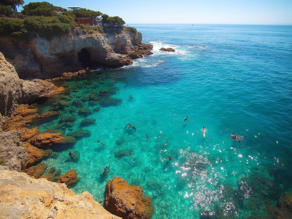 Snorkelers exploring the rocky underwater terrain at La Jolla Cove, with surfers in the distance and sunlight sparkling on the turquoise water