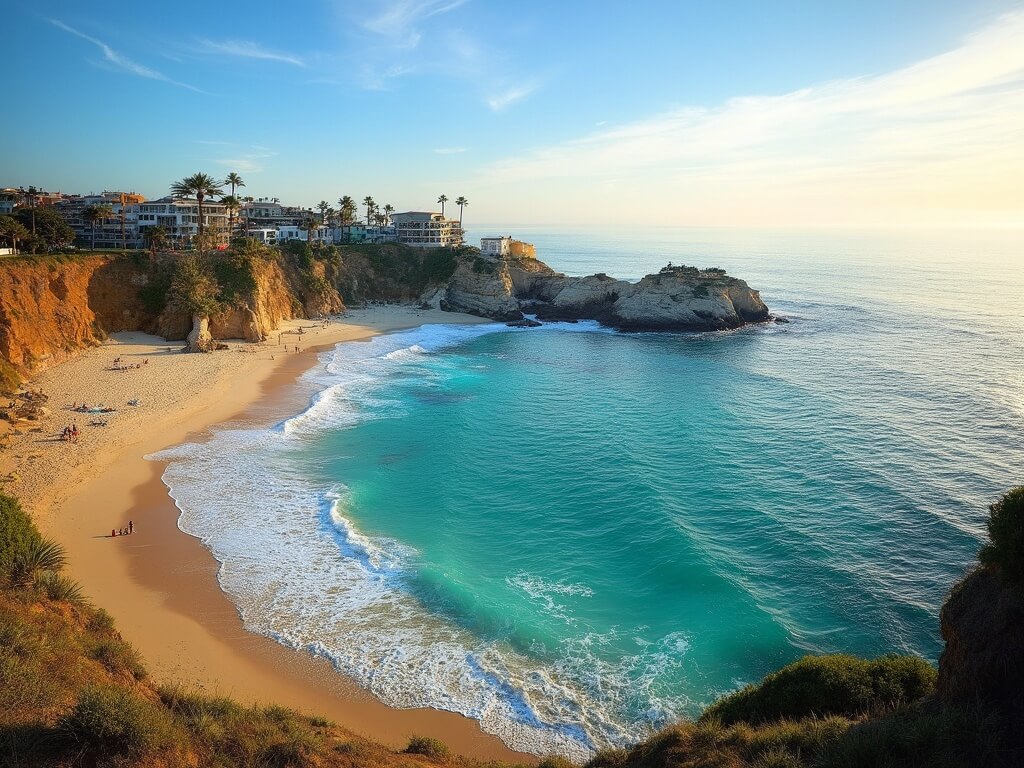 Panoramic view of La Jolla Cove beach with turquoise waters, sandy shores, gentle waves, scattered palm trees, beachgoers enjoying the weather under a blue sky with clouds during golden hour