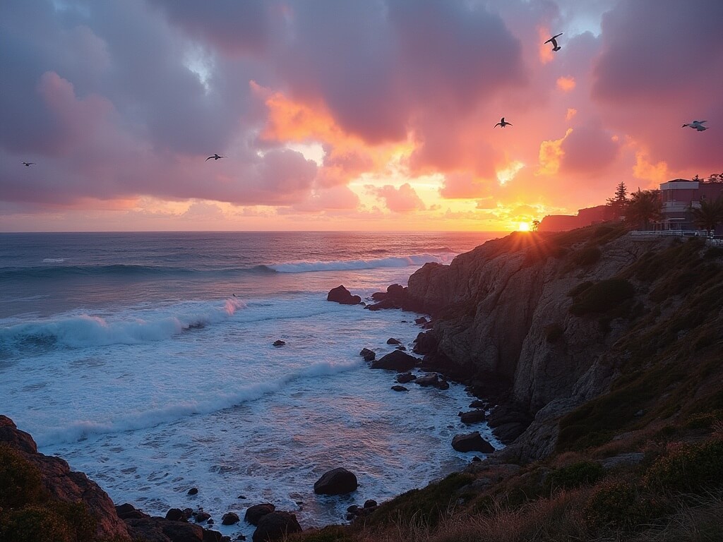 Dramatic sunset at La Jolla Cove with vibrant sky, crashing waves, soaring seabirds and visitors enjoying the view.