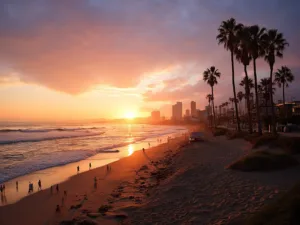 "San Diego's La Jolla shoreline at golden hour with silhouetted palm trees, surfers in the distance, and beach-goers enjoying the 75°F weather, against a backdrop of a clear orange and purple sunset sky reflected in the calm ocean."