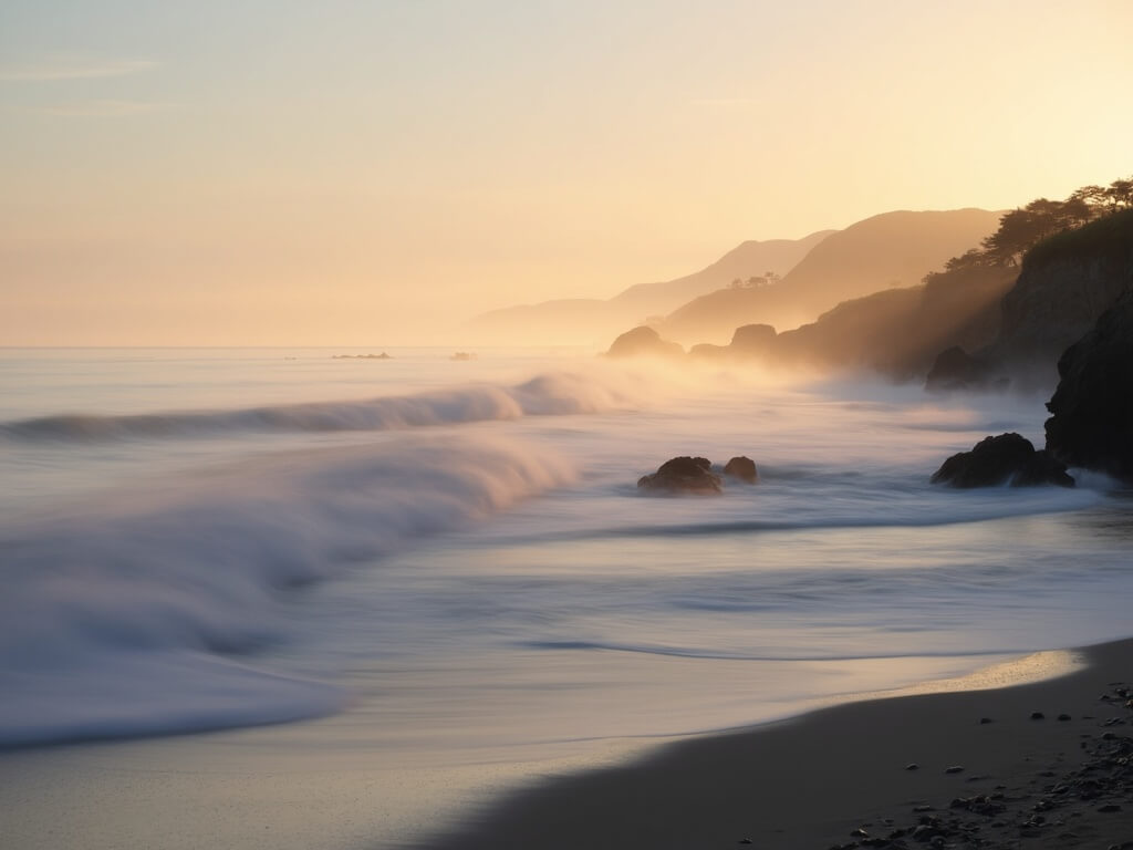 Early morning at La Jolla Shores with golden sunlight piercing through fog over calm waters and distant cliffs silhouetted against pastel sky