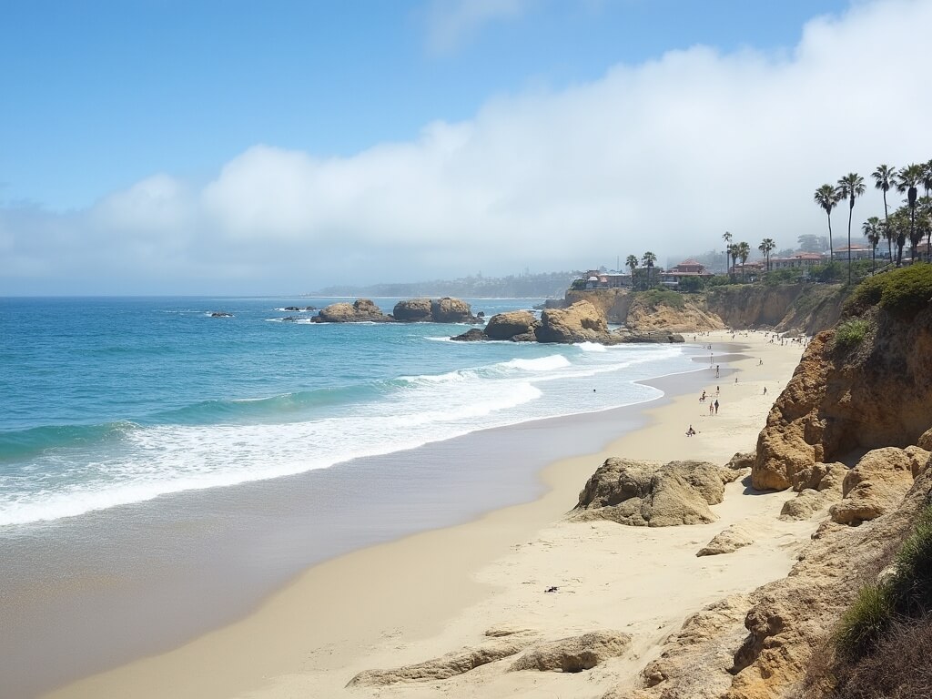 Late morning La Jolla beach scene with turquoise waters, scattered clouds, rock formations, tide pools, and few beachgoers