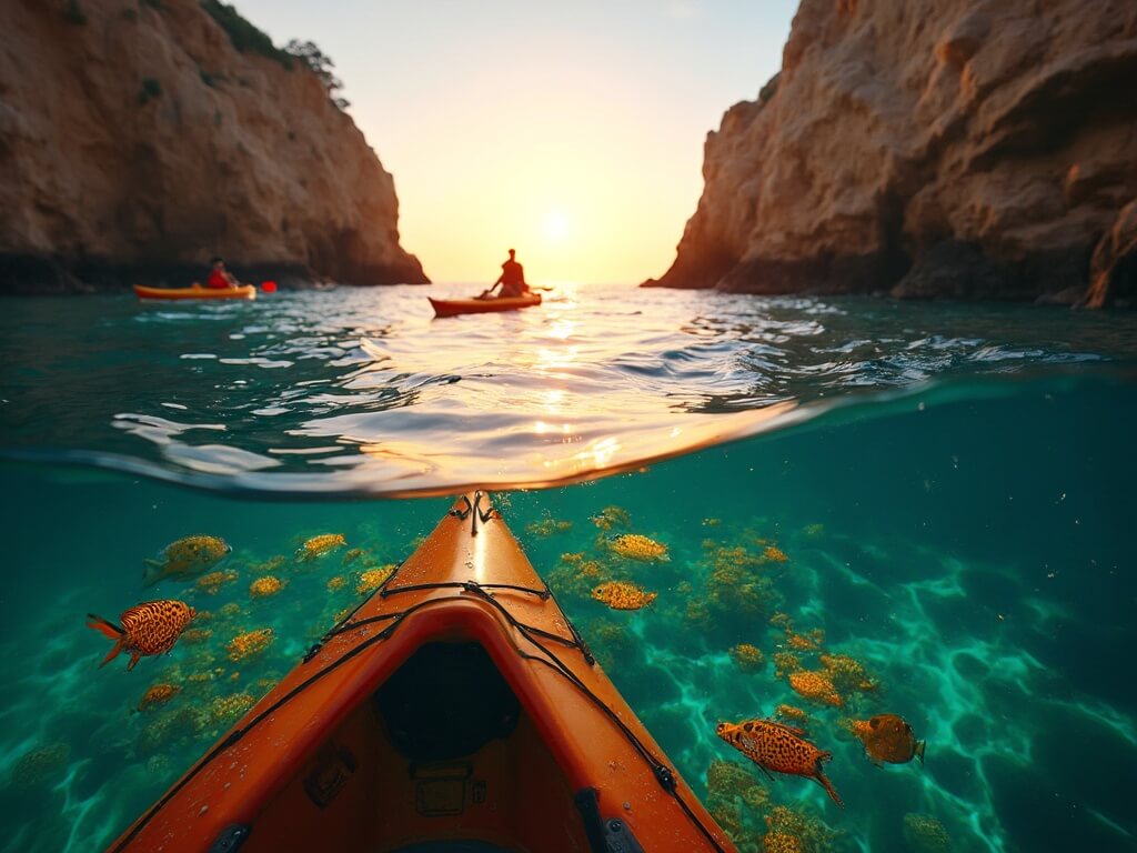 Golden sunset over calm waters with kayaker exploring sea caves in La Jolla, vivid garibaldi fish visible under clear water, shimmering light reflection, and towering coastal cliffs in the background.