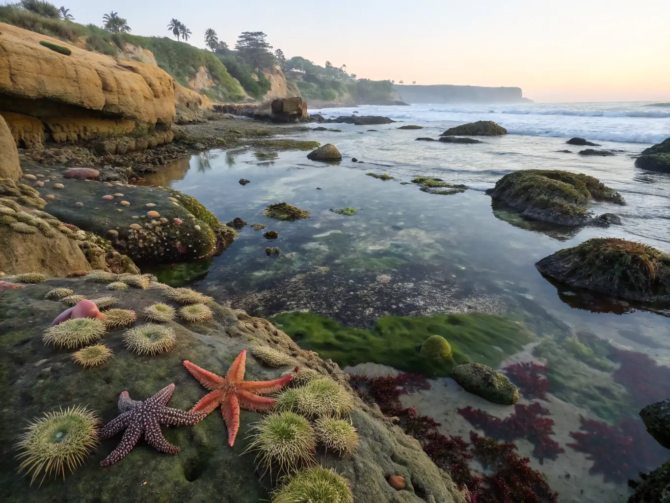 La Jolla tide pools at sunrise showcasing starfish, sea anemones, and crabs amid rocky formations, with Pacific Ocean in the background