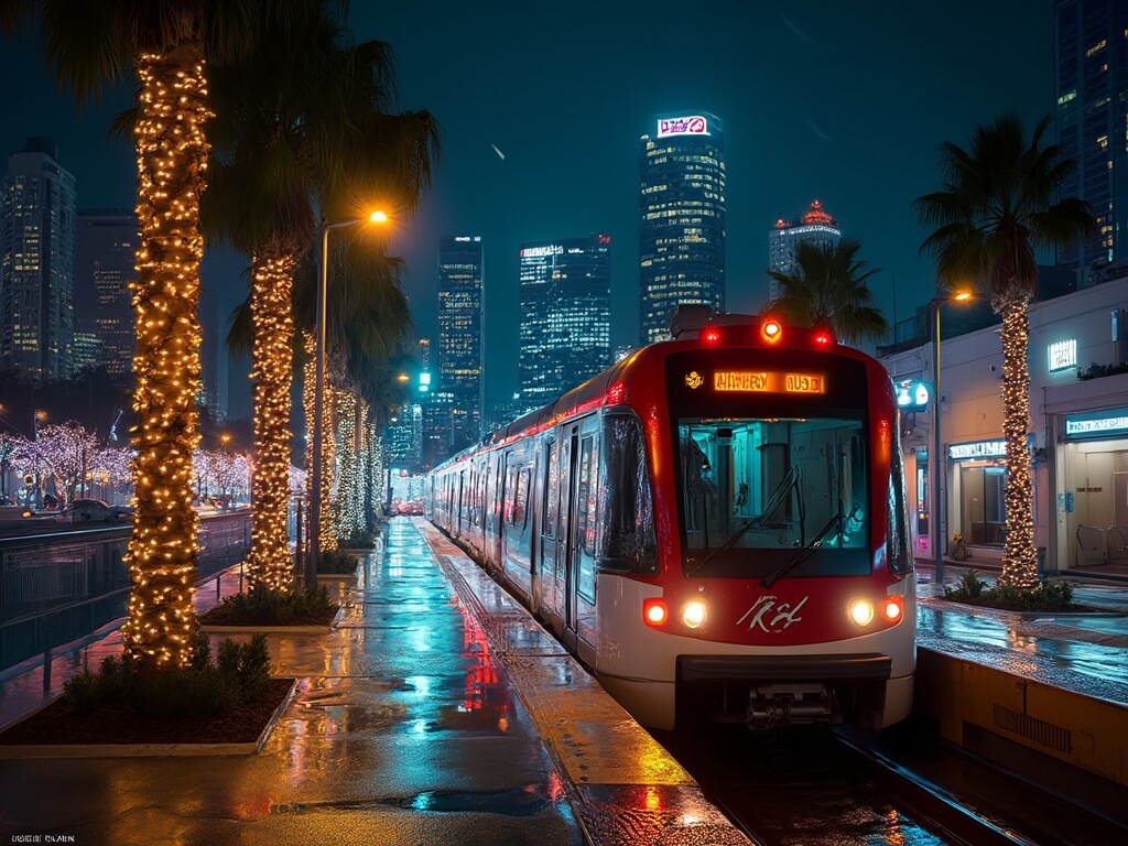 Metro Red Line train emerging from a tunnel in downtown Los Angeles, against a backdrop of illuminated skyscrapers and holiday-lit palm trees, with pavement reflecting architectural lights after a winter rain.