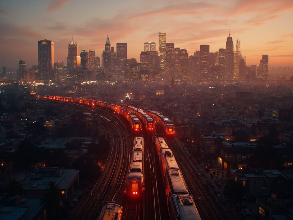 Aerial view of the Metro B Line train weaving through Los Angeles cityscape with glowing skyscrapers at dusk, illustrating urban transportation