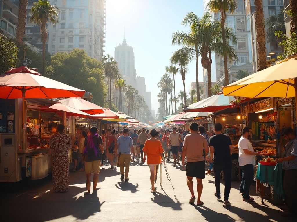 Vibrant outdoor food market in LA with diverse food stalls under colorful tents, vendors preparing cuisines in food trucks, and crowd enjoying warm summer atmosphere