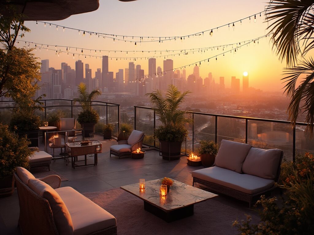 Rooftop bar during sunset with modern furniture, string lights, glass railings and tropical plants, overlooking downtown LA skyline