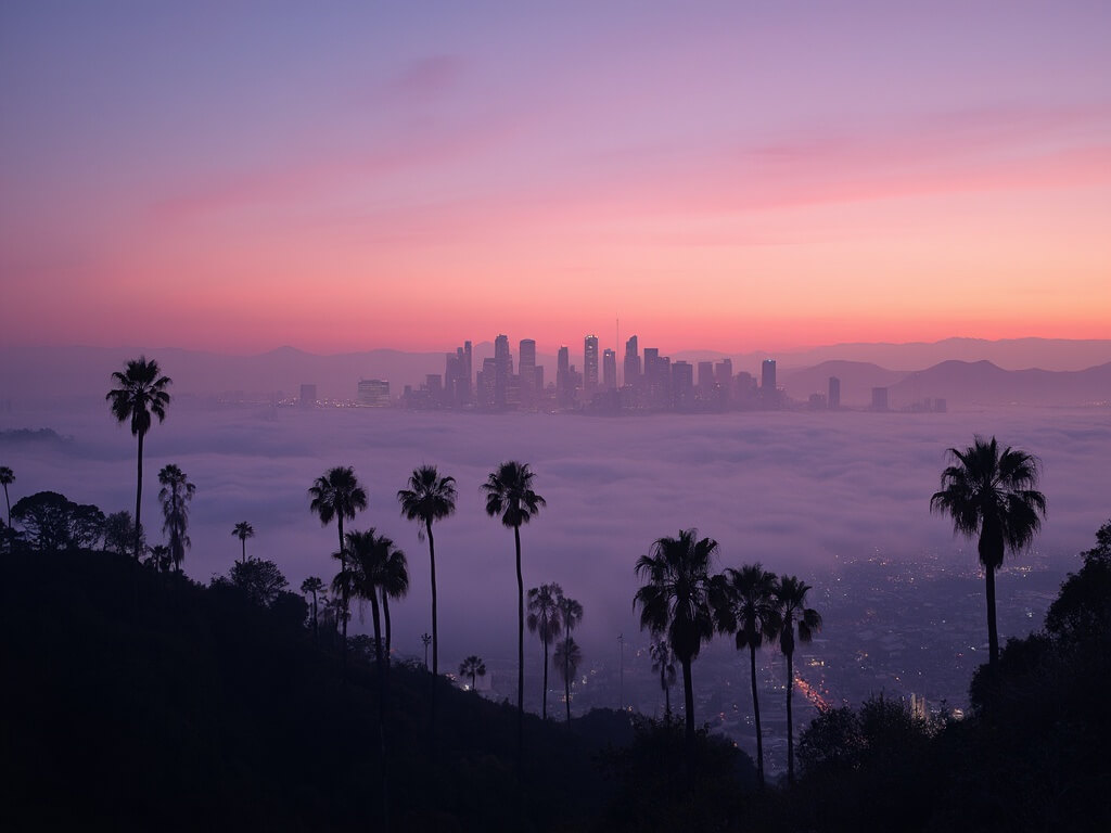 Dawn view of Los Angeles downtown skyline from Kenneth Hahn State Recreation Area with silhouettes of palm trees and San Gabriel Mountains in the background