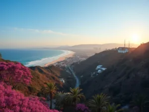 "Panoramic sunset view of Los Angeles in April featuring Hollywood sign, Santa Monica beach, blooming jacaranda trees, Getty Center, breaching whale, San Gabriel Mountains, Griffith Observatory, and blooming California poppies"