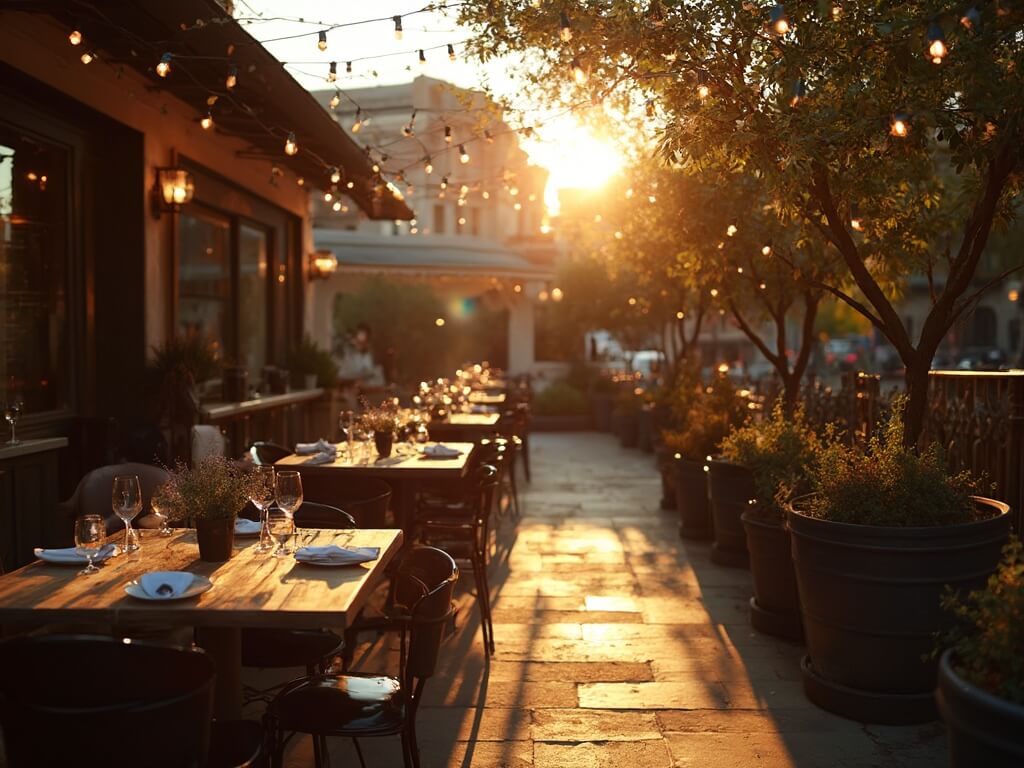 Intimate outdoor dining setting at a Los Angeles restaurant with string lights, rustic wooden tables, wine glasses, potted olive trees, and comfortable seats during golden hour, with a backdrop of historic yet modern architecture bathed in warm October sunset light.