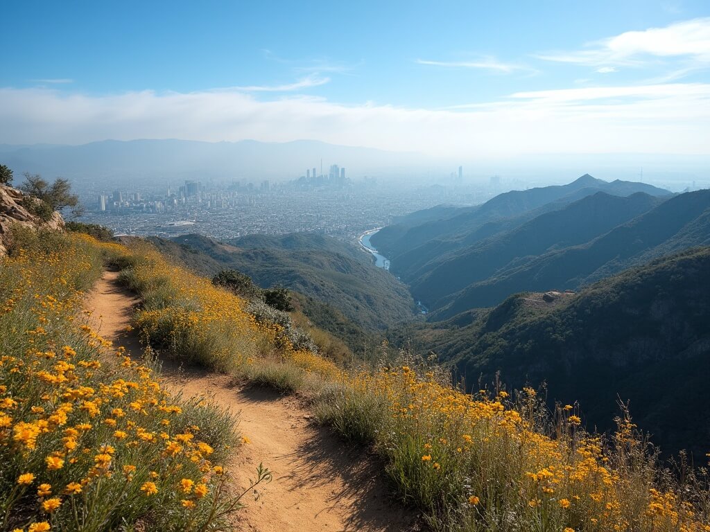 Hiking trail viewpoint with blooming wildflowers overlooking Los Angeles cityscape, Hollywood Sign on distant hillside, and wispy clouds in clear blue sky