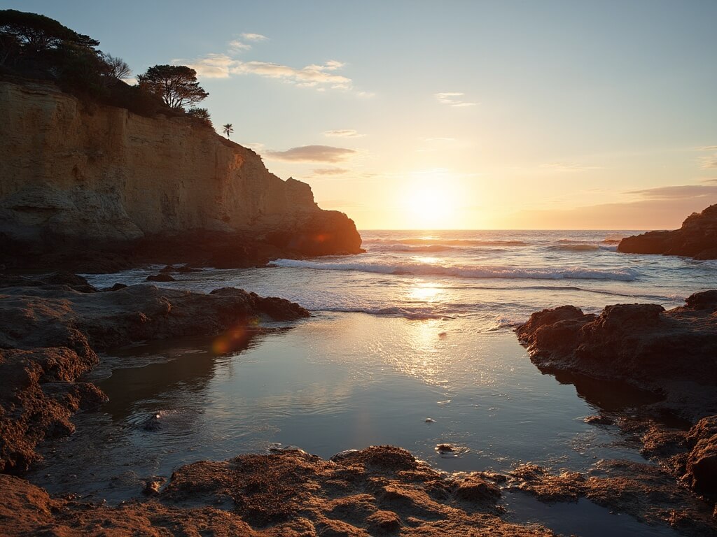 Golden hour sunset at La Jolla Cove in late March, with clear skies, serene tidal pools reflecting the light, dramatic cliffs, and long palm tree shadows on the beach with calm ocean waves lapping the shore.