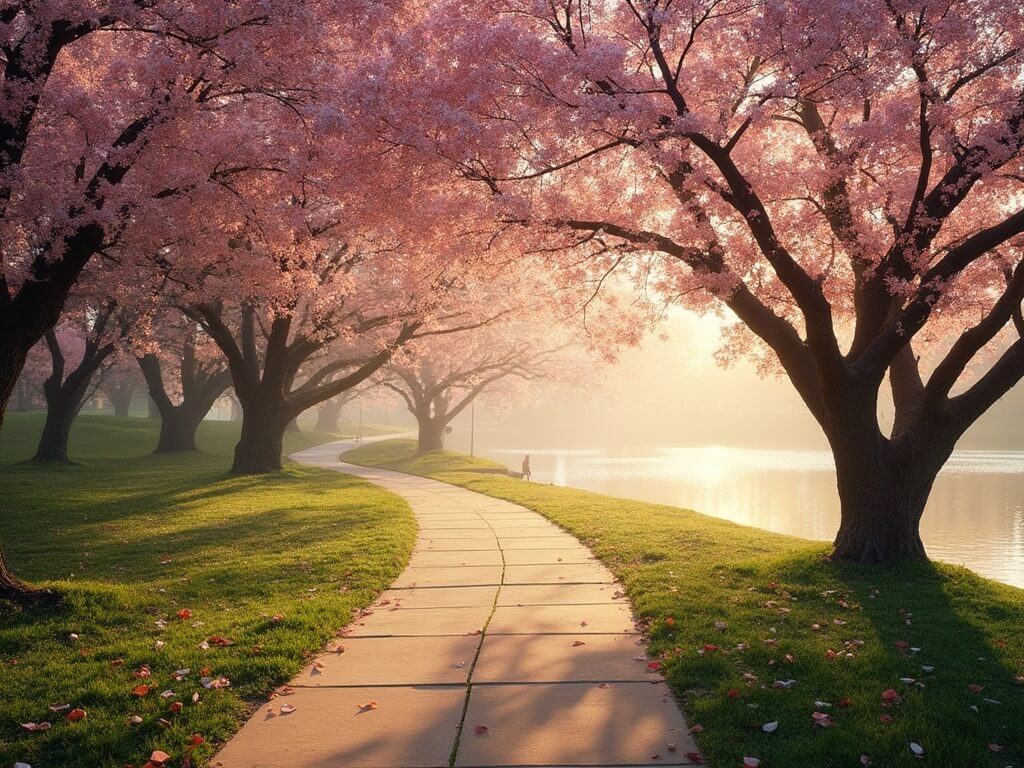 Early morning at Lake Balboa with cherry blossoms reflecting in the calm water, sunlight filtering through trees, petals scattered on the ground, and a peaceful walkway winding through the trees