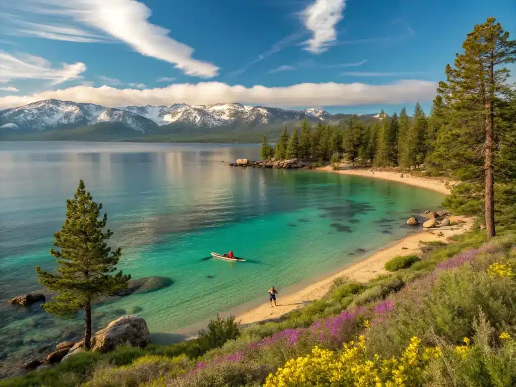 "Panoramic view of Lake Tahoe in spring with clear turquoise waters, snow-capped Sierra Nevada mountains, vibrant pine forests, wildflowers along the shoreline, a solitary kayak on the lake, and Emerald Bay in the distance under a bright blue sky."