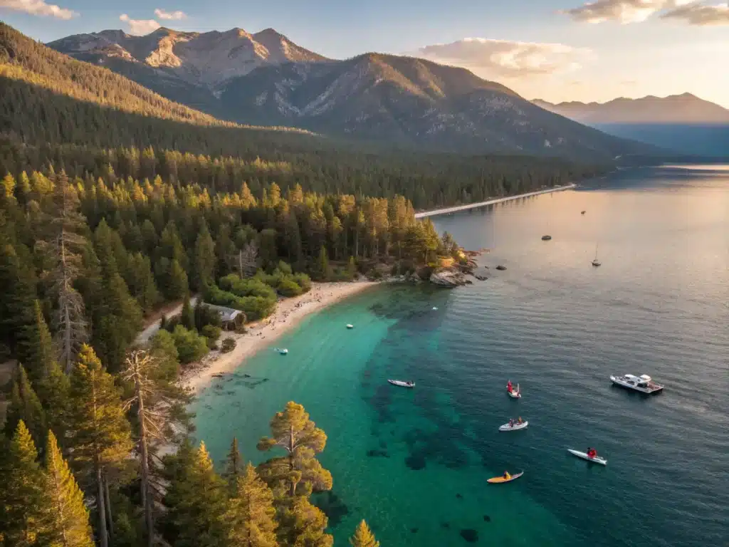 "Aerial view of Lake Tahoe showing turquoise waters, pine-covered mountains, boats and paddleboarders, sandy beaches, hiking trails, and golden sunlight illuminating summer landscape."