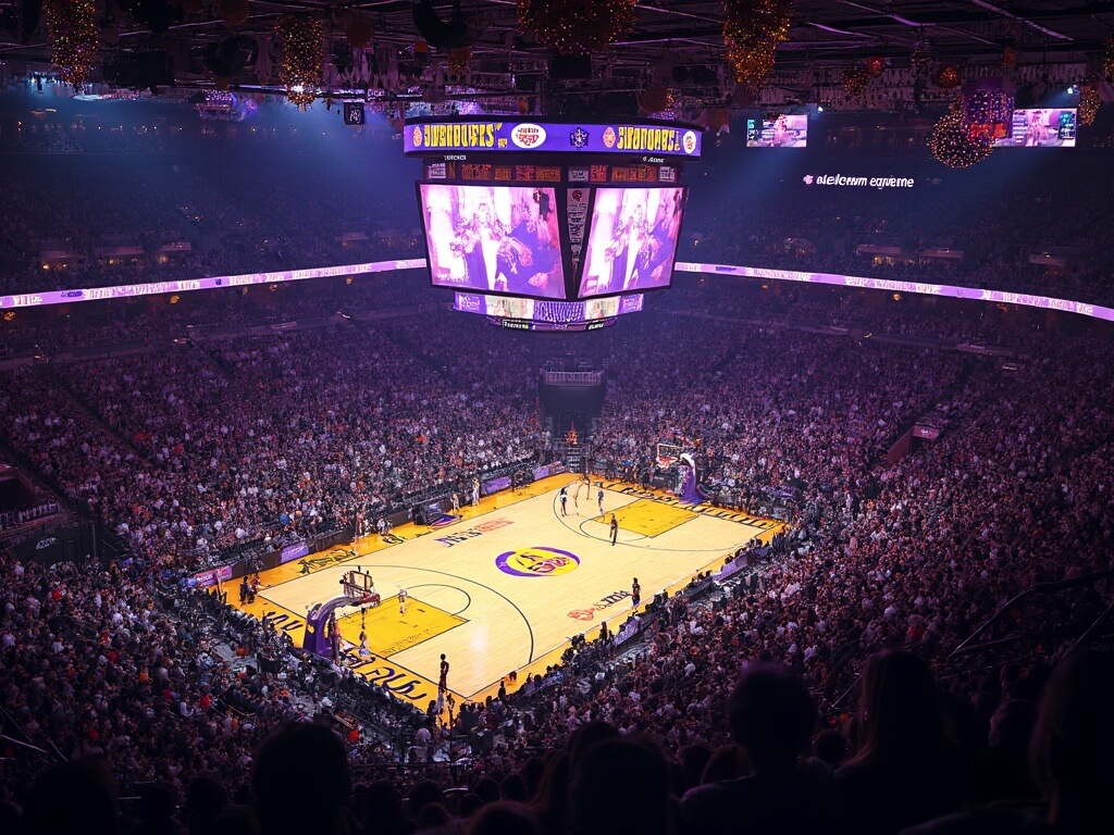 Elevated view of a Lakers game at Crypto.com Arena in December, showcasing the court, players in motion, crowded stands, purple and gold lighting and subtle Christmas decorations.