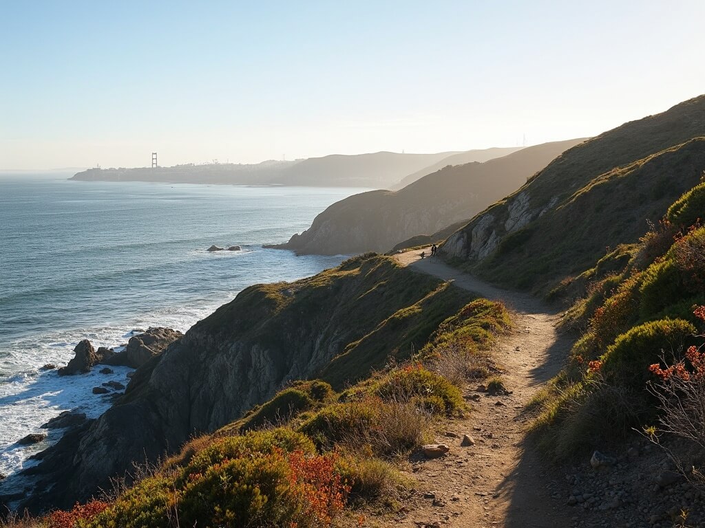 Hiking trail at Lands End in October, featuring panoramic ocean views, rugged coastline, rocky cliffs, distant sailboats, native coastal vegetation, and distant view of San Francisco's terrain