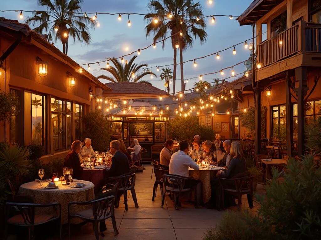 Diners at an outdoor patio with string lights at Liberty Station during golden hour, surrounded by rustic architecture and palm trees under a clear December sky.