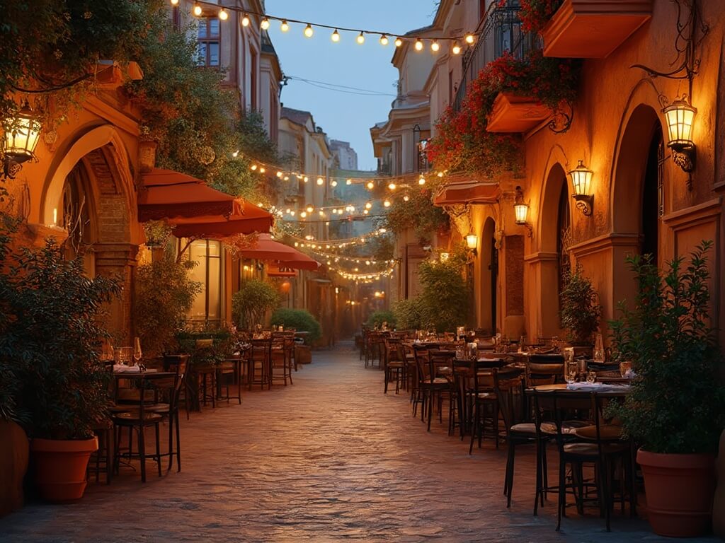 Twilight scene in Little Italy with string lights, outdoor restaurant patios, terracotta buildings, and Mediterranean plants in terracotta pots.