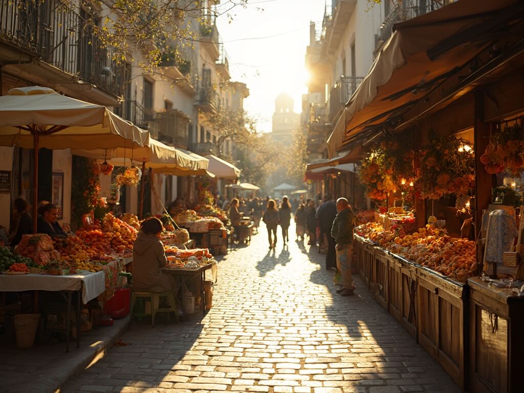 Vendors setting up fresh produce and artisanal cheeses at morning farmers market in Little Italy, San Diego with golden sunlight casting shadows on cobblestone streets and historic Italian architecture in the background