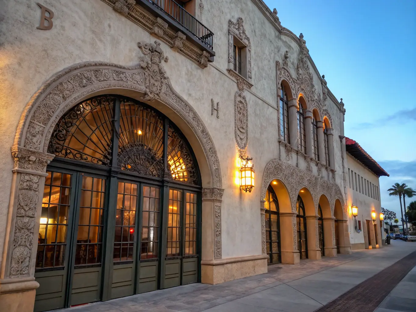 Ornate archways and wrought iron details of Lobero Theatre's Spanish Colonial Revival facade illuminated by warm interior lighting during blue hour