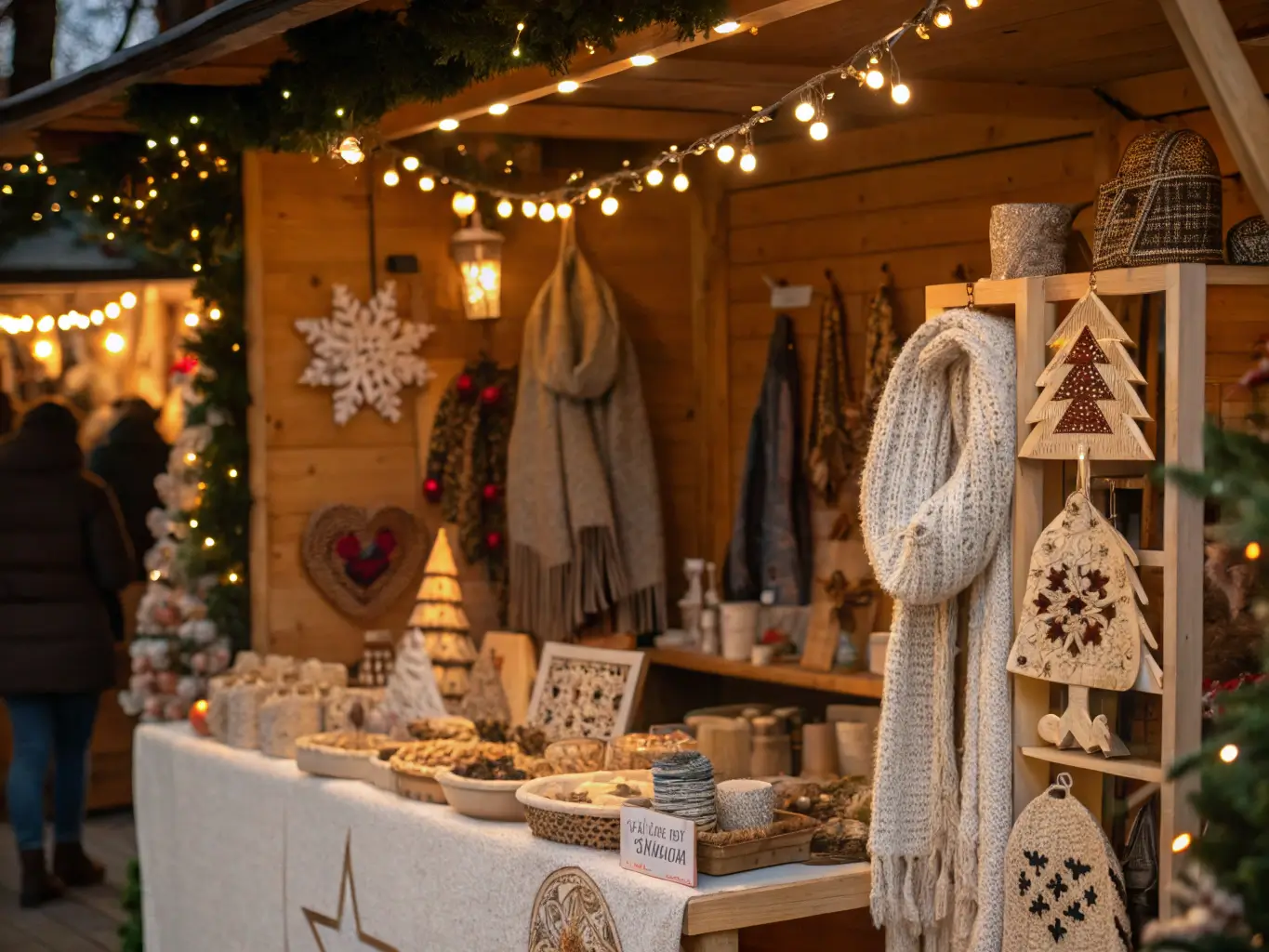 Close-up of a holiday market stall showcasing handcrafted winter gifts and decorations, highlighted by soft warm lighting