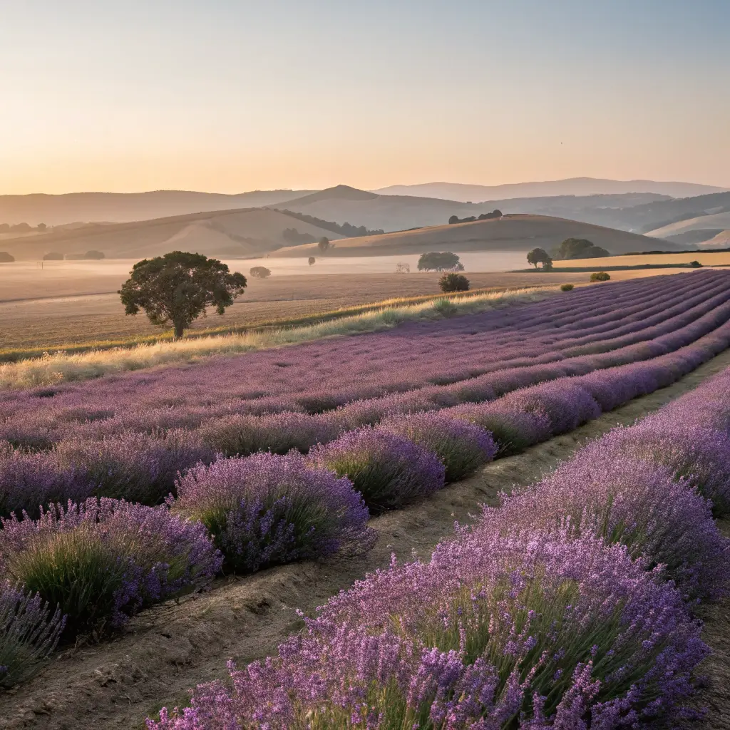 Lavender field in Lompoc at golden hour with rows of purple flowers under warm light, distant rolling hills, and lavender swaying in a gentle breeze