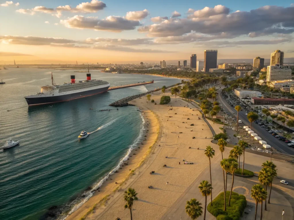 "Aerial view of Long Beach coastline during golden hour featuring the Queen Mary ship, Naples canals, and downtown skyline under a sunny California sky, with attractions like the Aquarium of the Pacific and beachgoers visible"