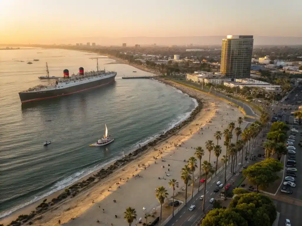 Sunshine, Surf, and Secrets: Why Long Beach in September is Your Ultimate Escape "Aerial view of Long Beach coastline featuring Queen Mary ship, paddle boarders, Rod Run event, Shoreline Village and beachgoers enjoying warm, crystal-clear September weather"