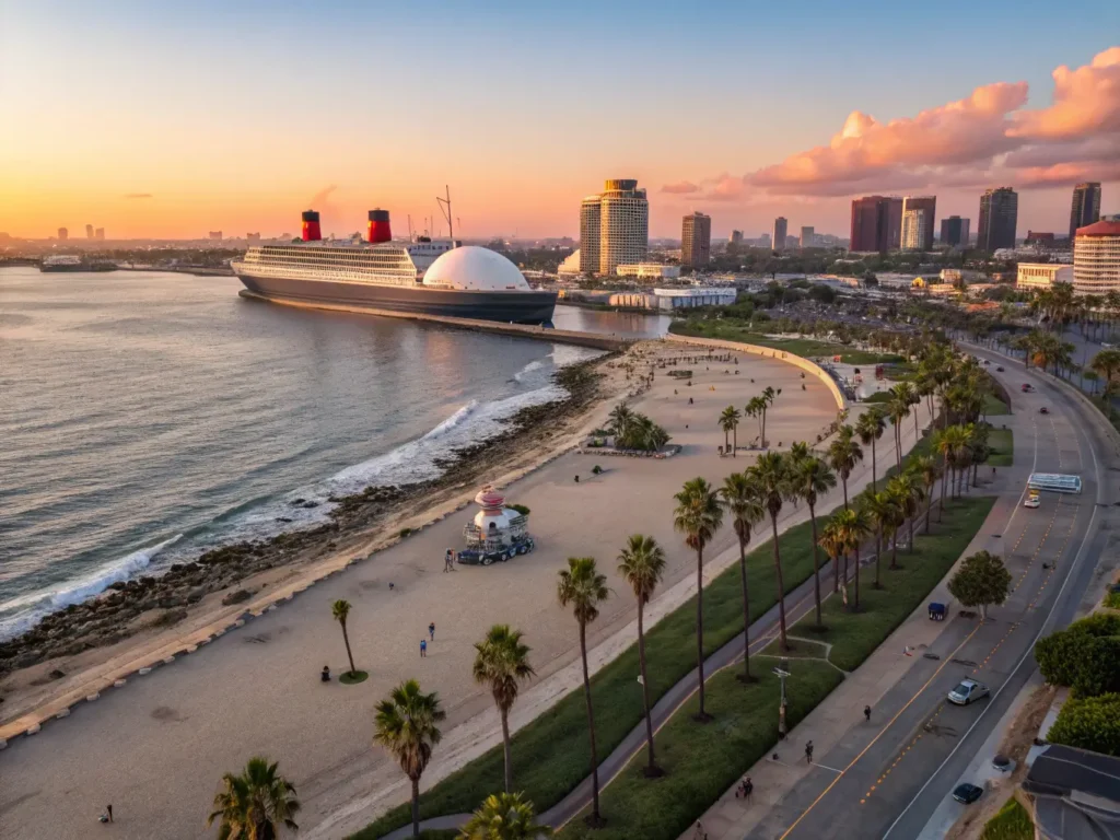 "Aerial view of Long Beach at sunset featuring Queen Mary ship, Aquarium of the Pacific, Rainbow Lagoon, and downtown skyline under clear blue skies"