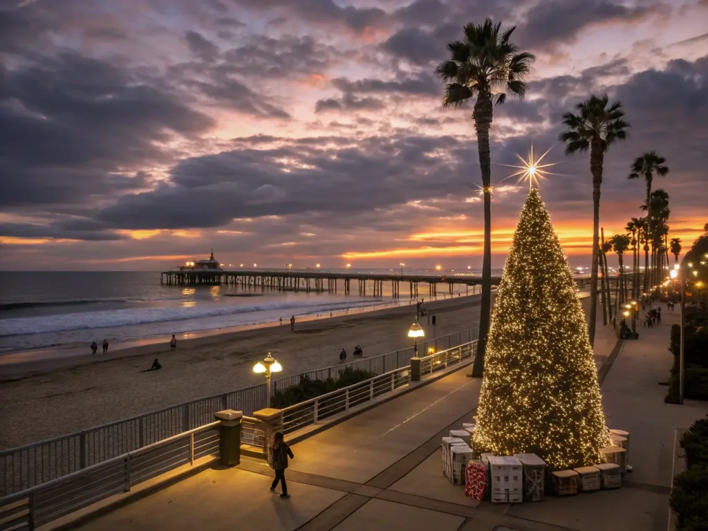 "Sunset at Long Beach in December with a crab pot Christmas tree, decorated pier, holiday-lit palm trees, and a surfer in a Santa hat, with the illuminated Aquarium of the Pacific in the distance."