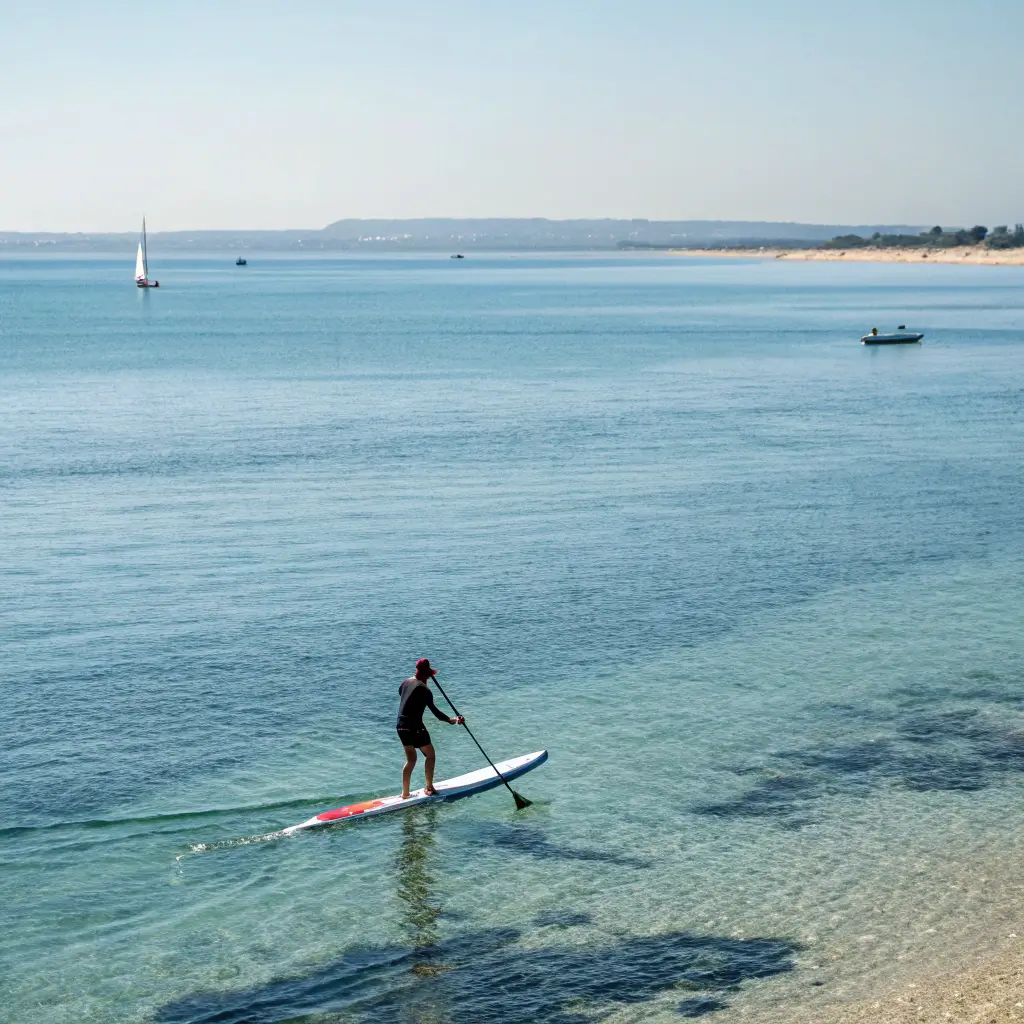 Lone paddleboarder mid-stroke on clear ocean waters with soft focus of Long Beach shoreline in the background