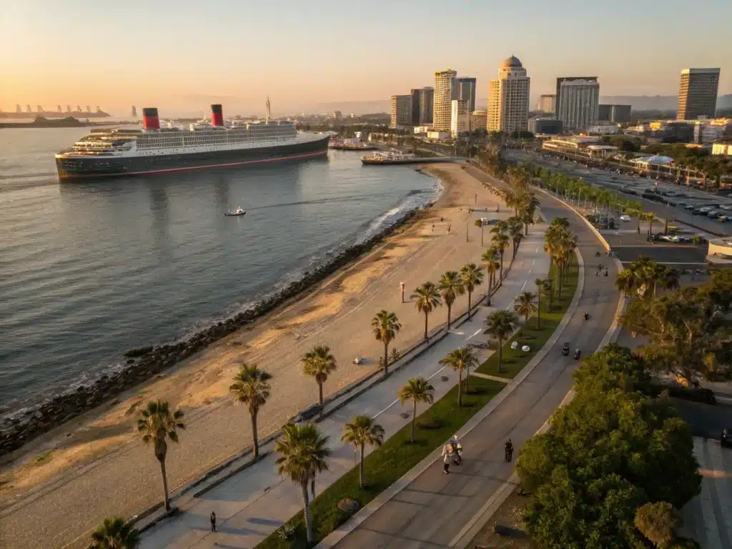 "Aerial view of Long Beach coastline at sunset featuring Queen Mary ship, bikers on Long Beach Bike Path, Aquarium of the Pacific, and distant Catalina Island in soft golden light of a clear March evening."