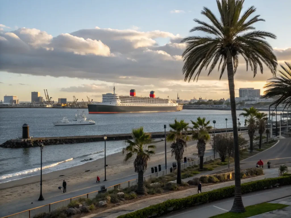 "Daytime view of Long Beach waterfront featuring Queen Mary ship, Shoreline Village, downtown skyline, palm trees and whale spouts, under a winter sky and soft golden hour lighting"